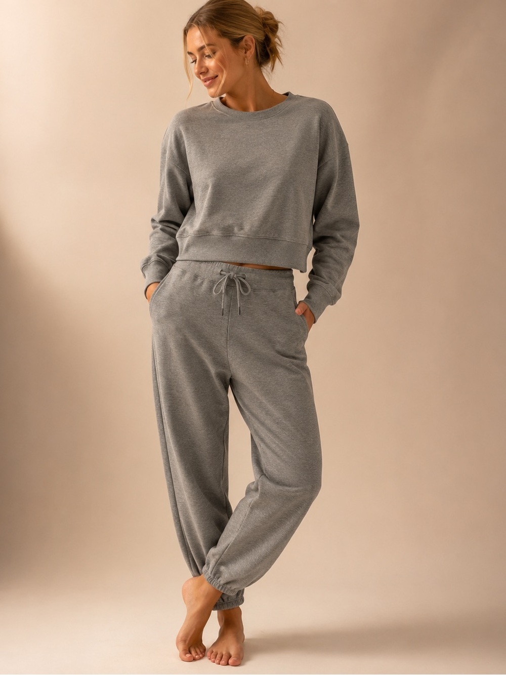 SPANX Heather Gray Cropped Sweatshirt & Drawstring Joggers Size Large